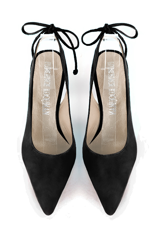 Matt black women's slingback shoes. Pointed toe. High slim heel. Top view - Florence KOOIJMAN